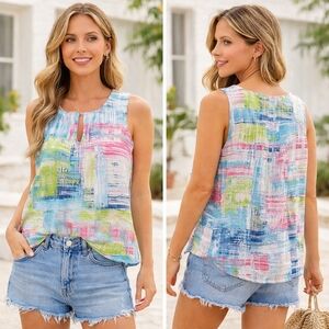 Click by Color Me Cotton Sleeveless Abstract Linen Top –  Large – Made in USA